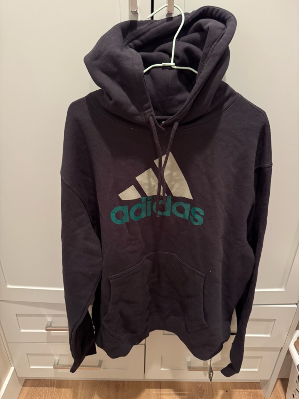 adidas Black Hoodie with Teal Logo and Cream Trefoil